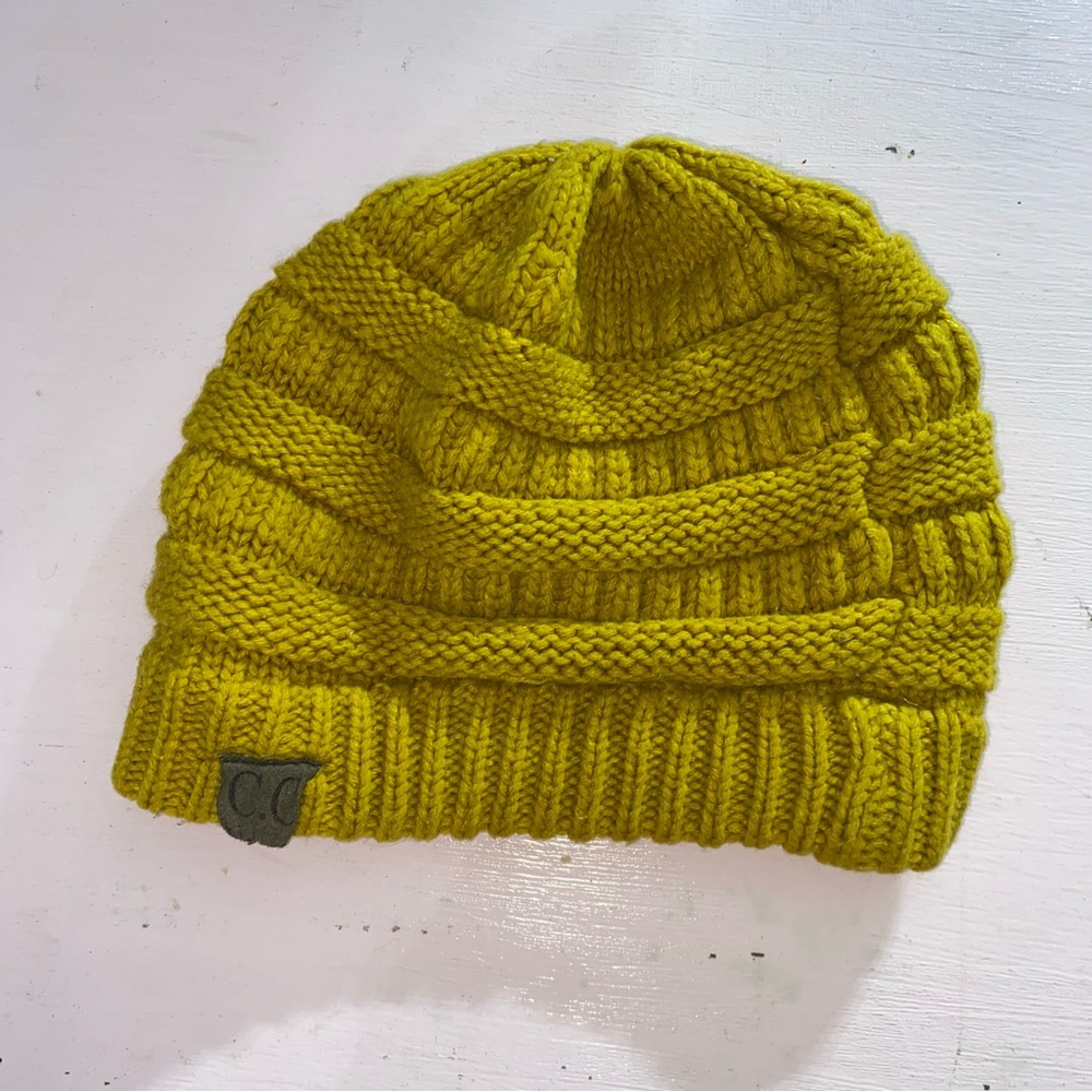 CC Beanie Acrylic Mustard Yellow Unisex Cable Knit Winter Hat